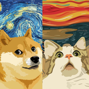 T恤宽松 Inu纯棉短袖 极誉呐喊油画风柴犬狗头橘猫表情包Art Shiba