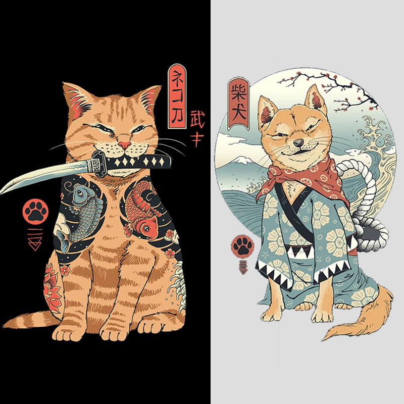 极誉T恤可爱柴犬橘猫武士夏潮