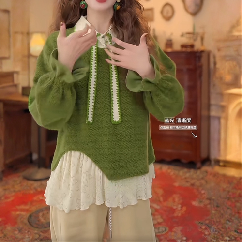 巨好看的假两件卫衣女宽松设计感拼接上衣港风复古蕾丝拼接百搭