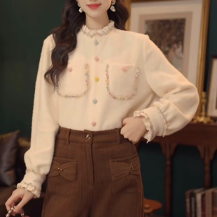 彩色毛须边衬衫女冬新款小众叠穿上衣长袖少女复古风宽松女装衬衣