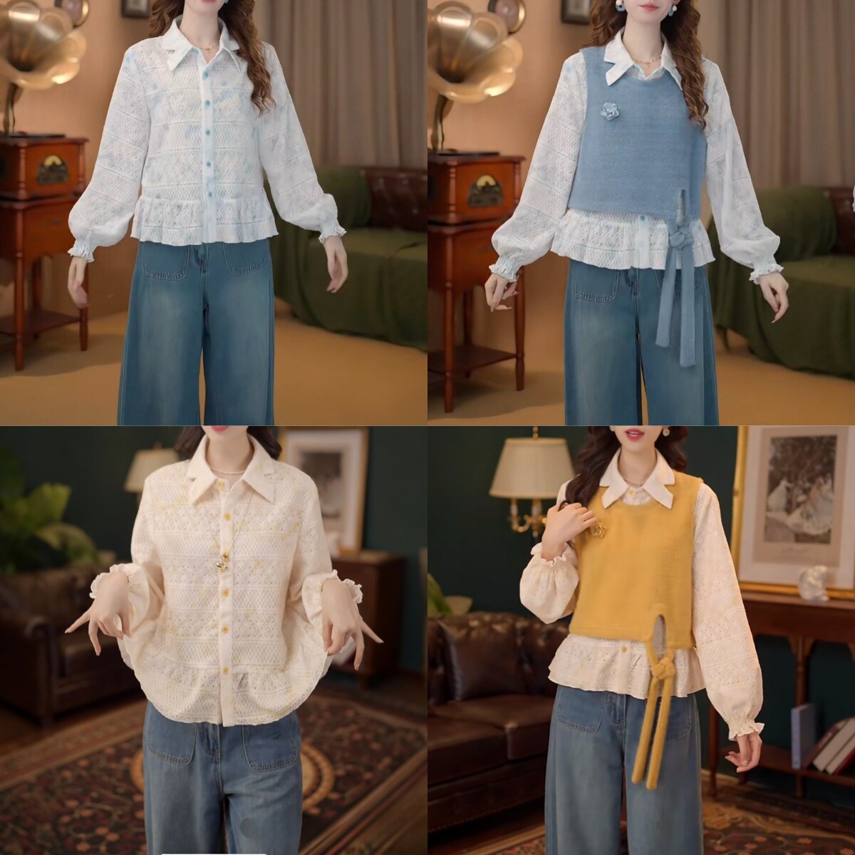 复古秋冬穿搭衬衫马甲百搭上衣叠穿两件套女宽松百搭衬衫女