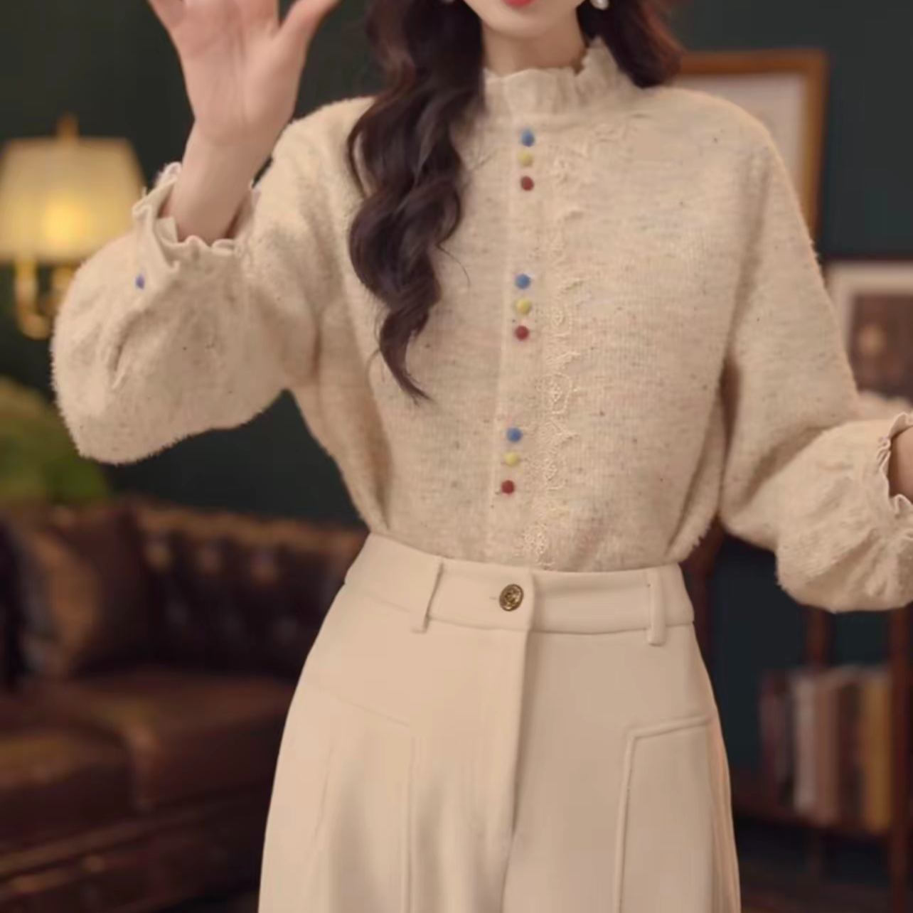 复古港风2025秋冬厚款休闲百搭衬衫上衣长袖常规款拼接复古风立领