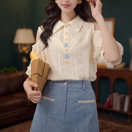 温柔衬衣休闲百搭短袖衬衫女夏季上衣蕾丝衬衫静奢风夏季重工衬衣