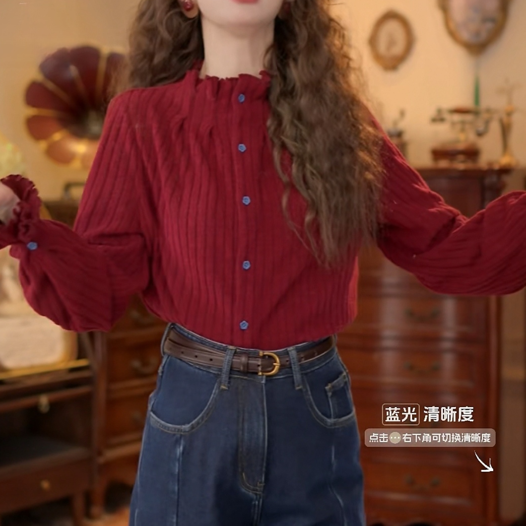 衬衫女款2025新款秋冬拼接百搭显瘦长袖复古风立领女士打底上衣