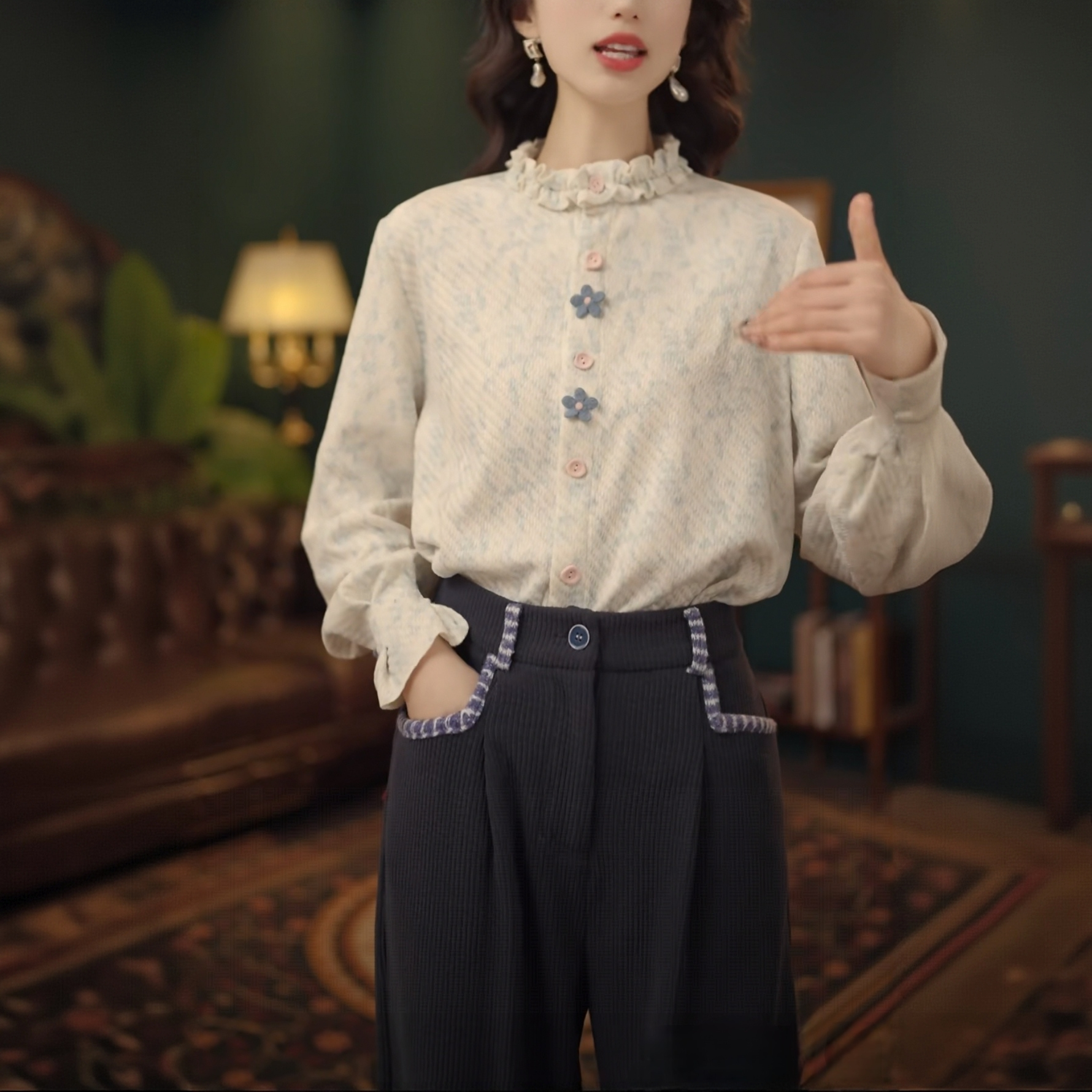 复古港风保暖花边秋冬新款打底衫慵懒宽松长袖衬衫上衣