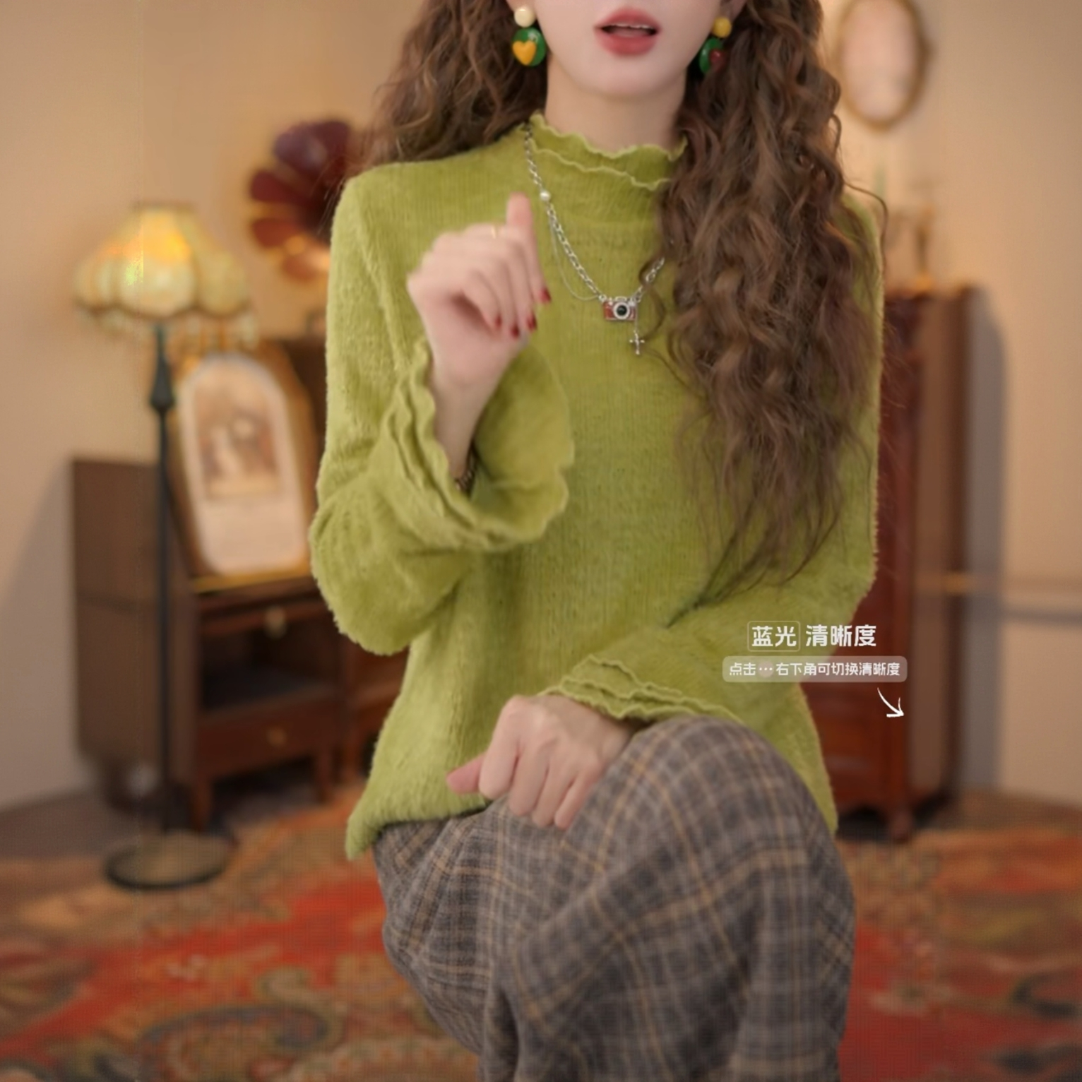 长袖针织打底衫女款2025秋冬休闲宽松绿色内搭上衣