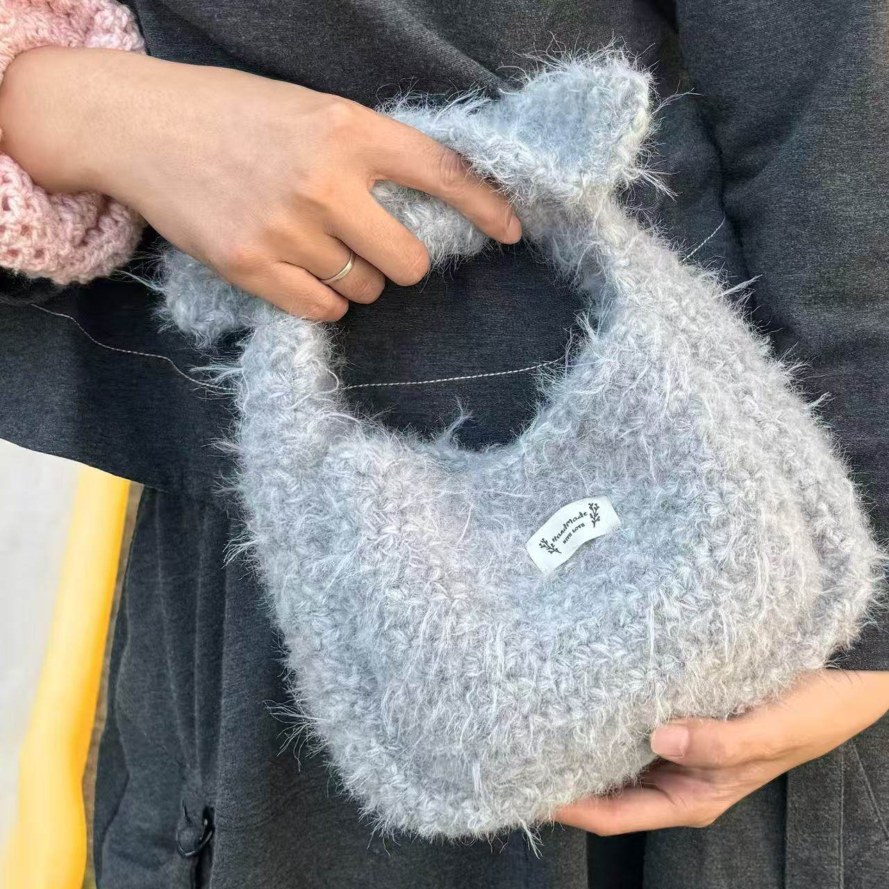 KK毛线屋 灰色长毛豆腐蝴蝶结材料包 混线手工编织围巾帽子粗毛线