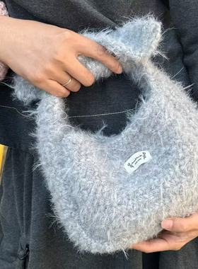 KK毛线屋 灰色长毛豆腐蝴蝶结材料包 混线手工编织围巾帽子粗毛线