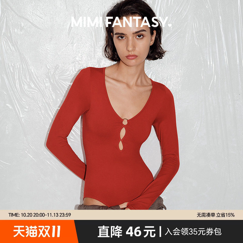 MIMI FANTASY深V舒适修身塑身连体衣女 辣妹束腰收腹长袖上衣