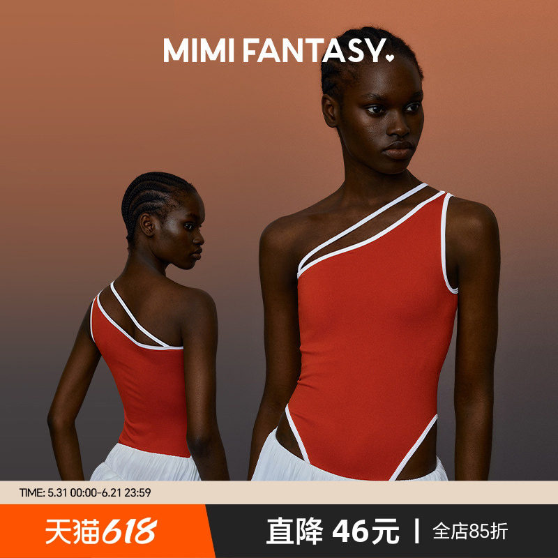 MIMI FANTASY斜肩绑带显瘦连体衣女高弹带胸垫设计感撞色辣妹上衣