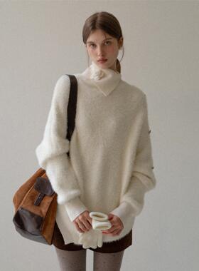 EGGKA法式气质白色软糯毛针织衫秋冬高领气质设计感显瘦宽松上衣