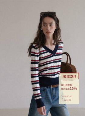 EGGKA覆古条纹V领毛针织衫女秋冬季气质修身麻花显瘦休闲长袖上衣