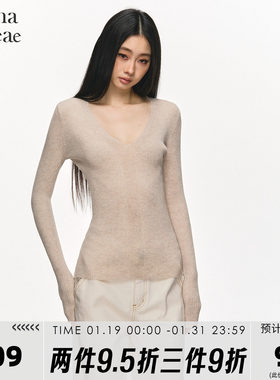 anna aneae羊毛针织毛衣打底衫女春秋季灰色V领修身显瘦长袖上衣
