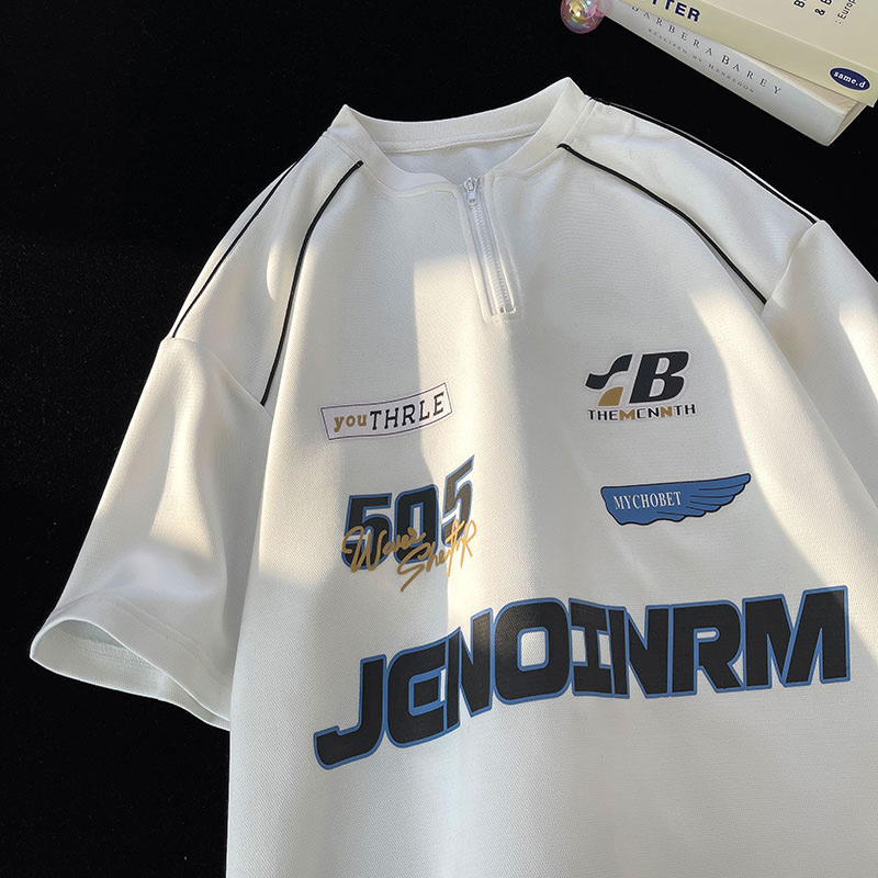 HUIMO 夏季户外骑行赛车服短袖t恤男vibe美式半拉链情侣款五分袖