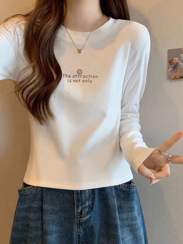 正肩修身白色长袖t恤女秋冬2025年新款小个子短款加绒打底衫上衣