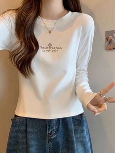 正肩修身白色长袖t恤女秋冬2025年新款小个子短款加绒打底衫上衣