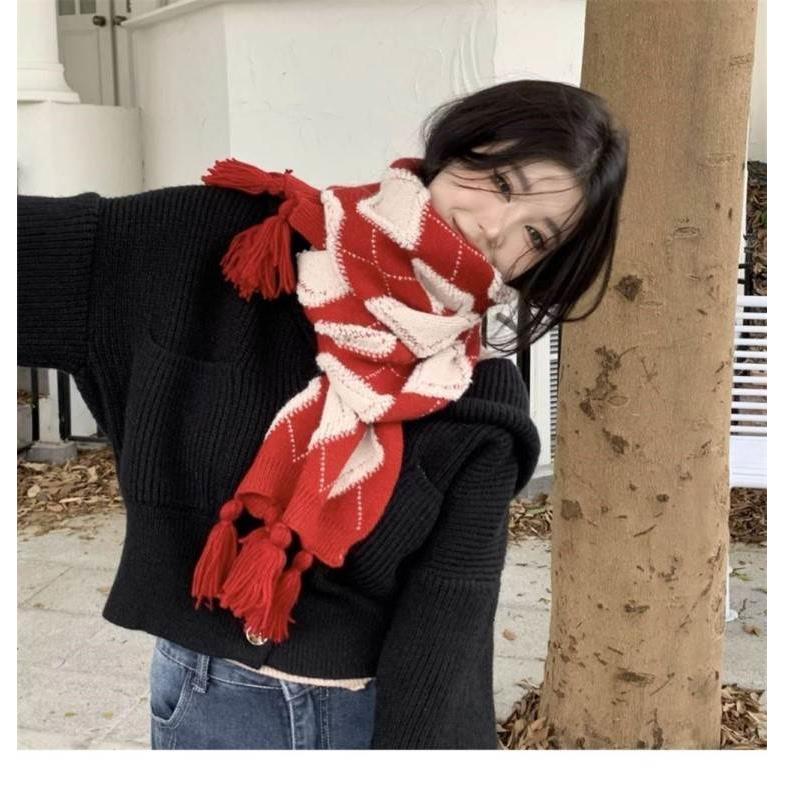 Guangyu Same Scarf Red Diamond Checkered Tassel Red Edition