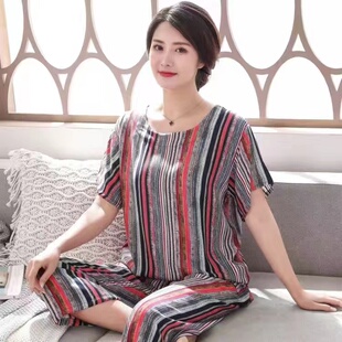 妈妈宽松睡衣可外穿阿姨套头家居服纯棉绸 九分裤 中年妇女夏季 短袖