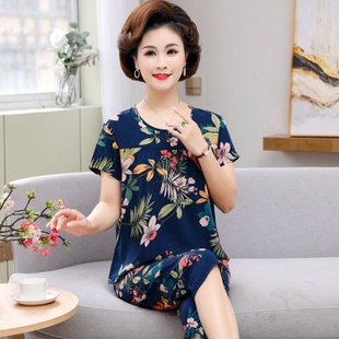 婆婆薄款短袖短裤睡衣女老人套头女装纯棉绸老太太夏装加肥加大码