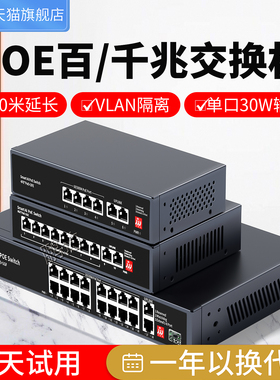 鹏迪 8口标准POE网络交换机千兆百兆智能4口16口24口30W大功率防雷48V供电摄像头监控看门狗SFP模块