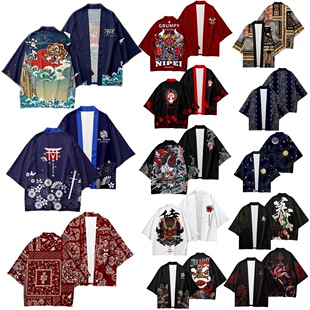 跨境temu新品日式夏季羽织和服3D恶魔创意七分袖披风道袍