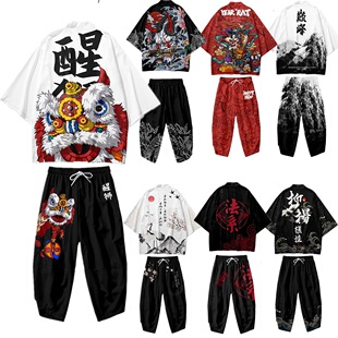 2024跨境龙腾四海插画休闲羽织道袍和服七分裤披风套装男国潮装