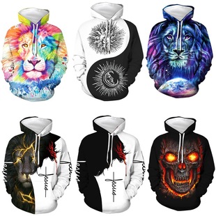 新款万圣节神话维京人狮子头男式休闲连帽卫衣3D数码印花帽衫