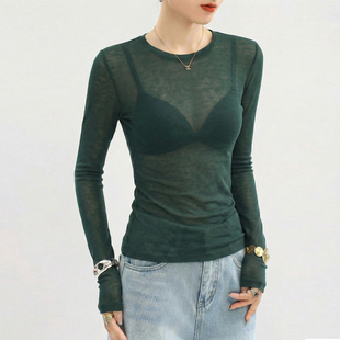 内搭可外穿上衣 微透薄纱长袖 绿色圆领打底衫 女秋冬高级感2026新款