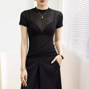 黑色高质量短袖t恤女2026新款高级感薄款修身纯欲显瘦夏季上衣薄