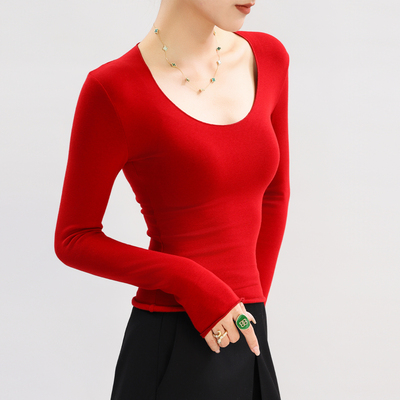 方领加绒打底衫女红色加厚内搭