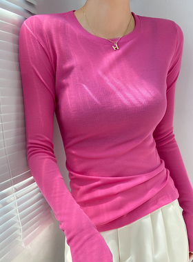 玫红色圆领高端精致长袖打底衫女2025新款可外穿高级感超好看上衣