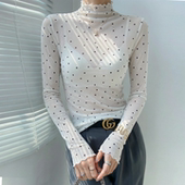 白色高领波点2026新款 女冬内搭叠穿透视网纱上衣高级感 蕾丝打底衫