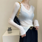 上衣洋气叠穿小衫 女v领透明高端网纱修身 薄 t恤打底衫 白色内搭长袖