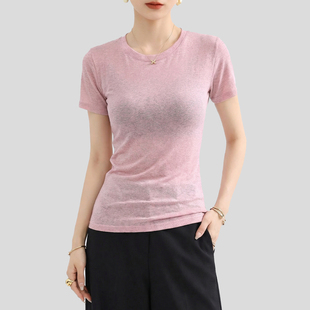 高质量短袖t恤女夏独特漂亮2026新款超好看显瘦修身薄款粉色上衣