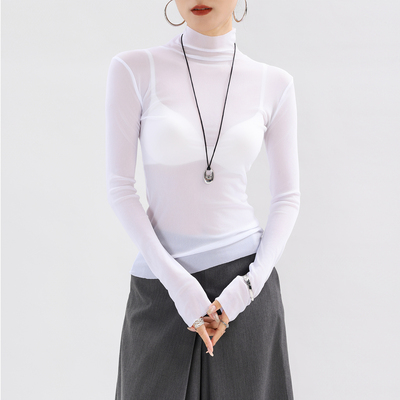 高领白色蕾丝网纱打底衫女叠穿