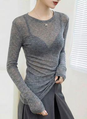 灰色修身圆领打底衫女内搭可外穿微透薄网纱叠穿时尚洋气长袖上衣