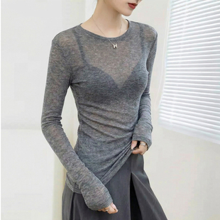 洋气长袖 女内搭可外穿微透薄网纱叠穿时尚 上衣 圆领打底衫 灰色修身