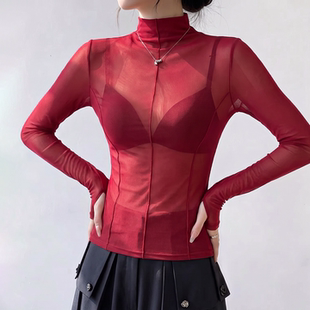 红色高领网纱打底衫女薄款内搭蕾丝叠穿长袖独特漂亮穿手指上衣秋