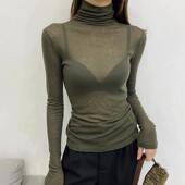 高领绿色打底衫 上衣 微透超好看网纱内搭长袖 女2025新款 高级感薄款