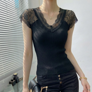 黑色蕾丝上衣女轻奢高级感修身独特漂亮网纱拼接针织短袖t恤夏季