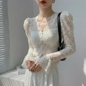 上衣高级感 高端超好看绝美微透修身 白色v领蕾丝打底衫 女2026新款