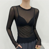 上衣高级感 长袖 圆领黑色蕾丝打底衫 女可外穿高端独特漂亮微透修身