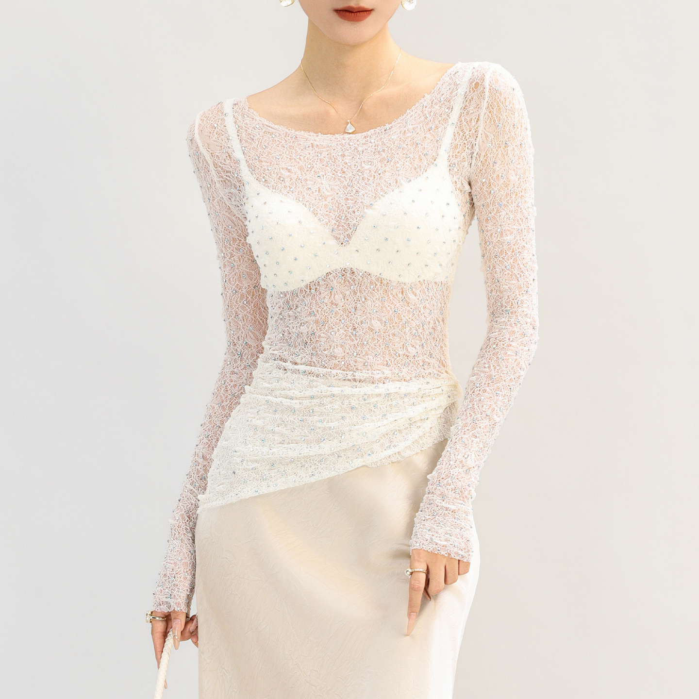 网纱打底衫女高端白色圆领蕾丝