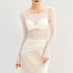 网纱打底衫女高端白色圆领蕾丝内搭品牌巨好看薄款透明上衣高级感