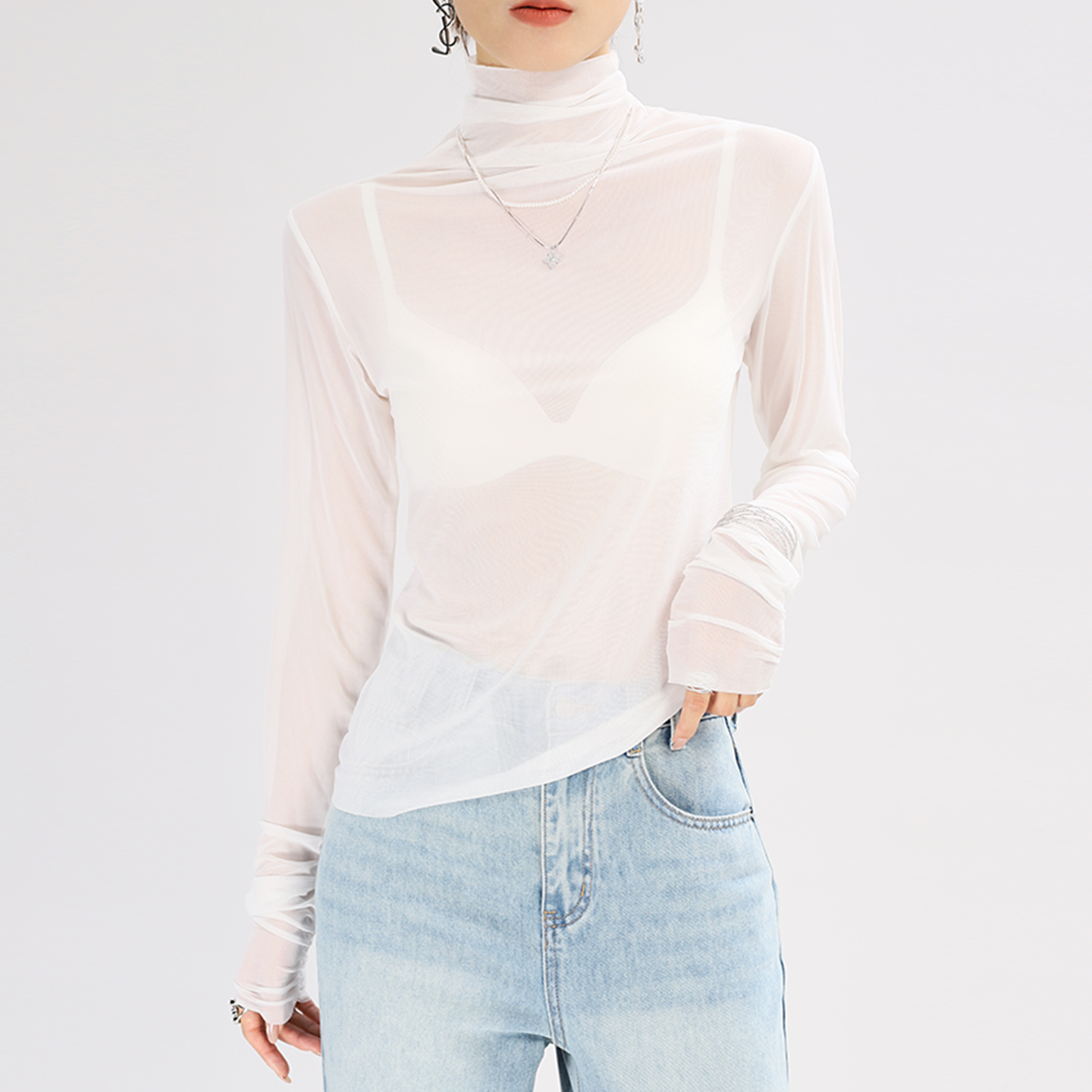白色高领网纱打底衫女高端透视