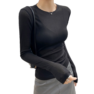 黑色打底衫女2026新款秋冬内搭微透薄款透视网纱面膜上衣长袖t恤