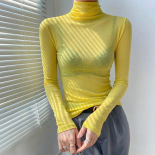 黄色高领内搭绝美打底衫蕾丝2026新款内搭网纱微透上衣女高级感薄