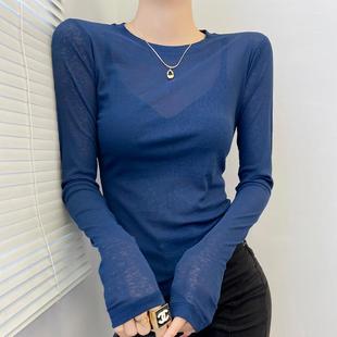 藏蓝色圆领蕾丝打底衫女网纱上衣高级感薄款微透修身内搭性感辣妹