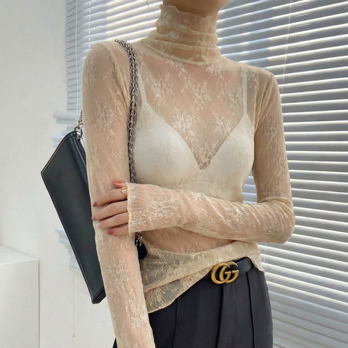 杏色高领蕾丝打底衫微透内搭上衣