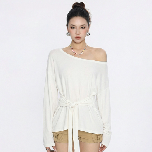 白色斜肩设计感巨好看长袖t恤女